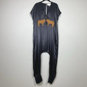 Carolina K Women's Medium Black Sera Jumpsuit Embroidered Tiger 100% Silk Button